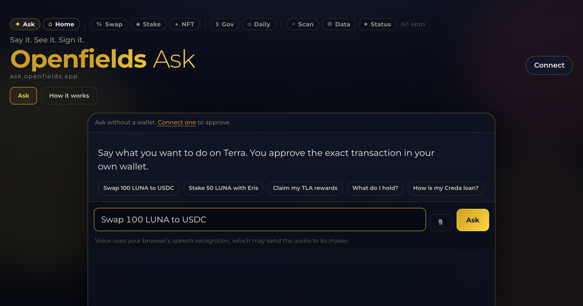 Openfields Ask: say what you want to do and approve it in your wallet