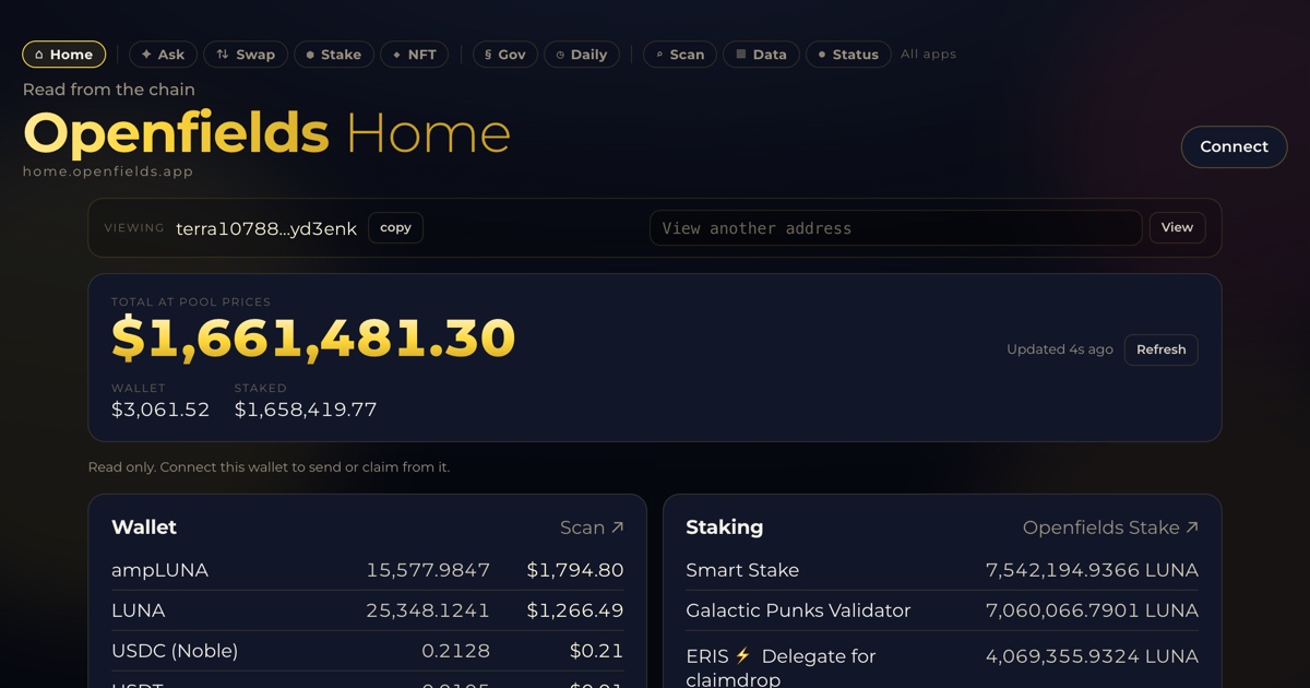 Openfields Home: everything a wallet holds, stakes, owes and votes on